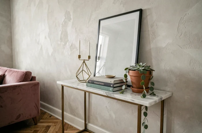 Coin salon décoré avec console en marbre, livres d'art, bougeoir en laiton et plante succulente pour une décoration intérieure élégante