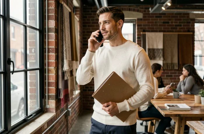 Homme en pull coton bio dans un espace de coworking passant un appel téléphonique pour collaborer avec une marque éthique