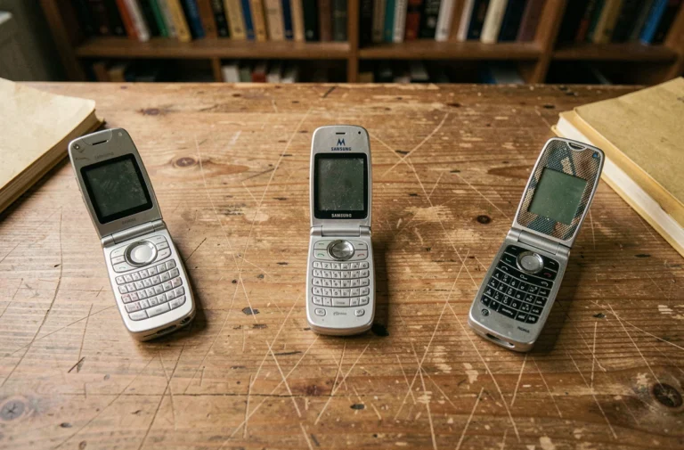 Collection de téléphones à clapet vintage des années 2000 dont le Motorola Razr V3, Samsung SGH-E700 et Nokia 7200 disposés sur une surface en bois