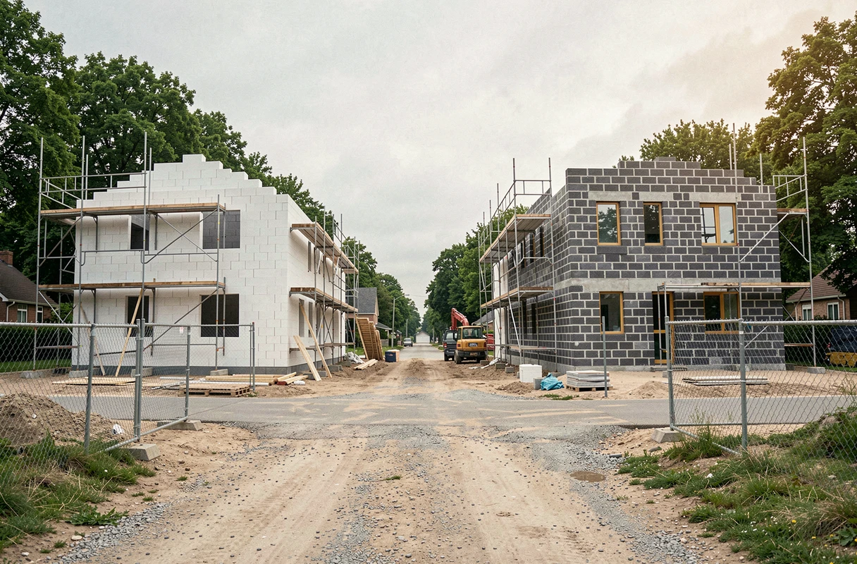 Comparaison côte à côte d'une construction en polystyrène et d'une construction en parpaing dans un quartier résidentiel