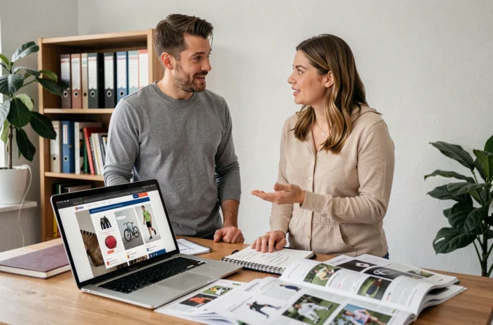 Couple comparant des équipements sportifs en ligne à leur bureau à domicile