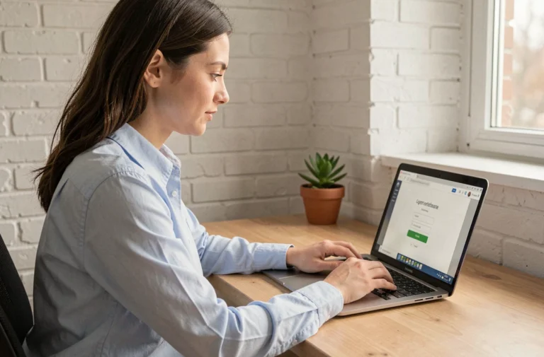 Femme connectée sur le portail Orchestra depuis son bureau à domicile