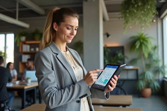 Conseillère en assurance utilisant une interface de gestion Inaxa sur tablette dans un espace de travail moderne