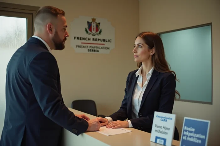 Officière consulaire française aidant un ressortissant serbe au guichet du consulat