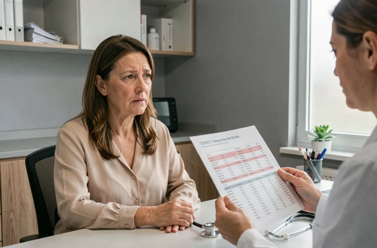 Patiente en consultation médicale recevant les résultats d'une analyse sanguine montrant un taux de gamma GT élevé