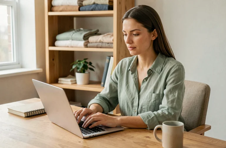 Femme assise à un bureau en bois tapant un email à une marque de mode éthique sur son ordinateur portable