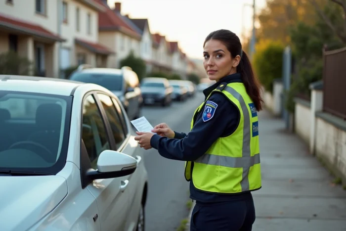 Contractuelle posant un avis de stationnement sur une voiture garée sur le trottoir dans une rue pavillonnaire