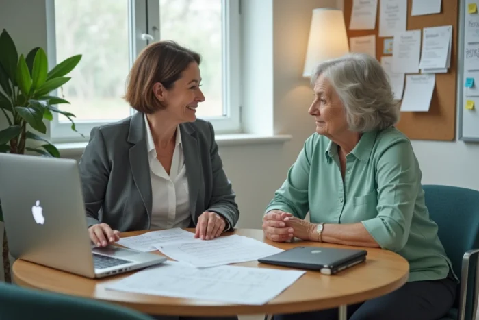 Coordinatrice et aide-soignante ADMR collaborant sur un planning hebdomadaire imprimé et un logiciel de gestion en salle de réunion
