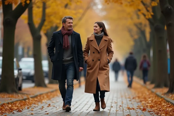 Couple se promenant sur un boulevard parisien aux pavés couverts de feuilles d'automne dorées, vêtus de manteaux élégants