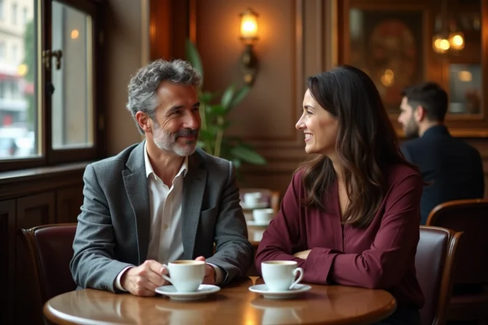 Couple discutant avec naturel autour d'un café dans une brasserie parisienne traditionnelle au décor en bois chaleureux