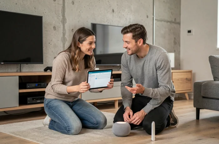 Couple configurant ensemble la Freebox Pop à l'aide d'Ok Google et d'une tablette dans leur appartement