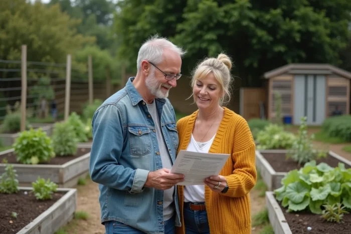 Couple consultant un guide de demande de jardin familial dans un jardin potager partagé