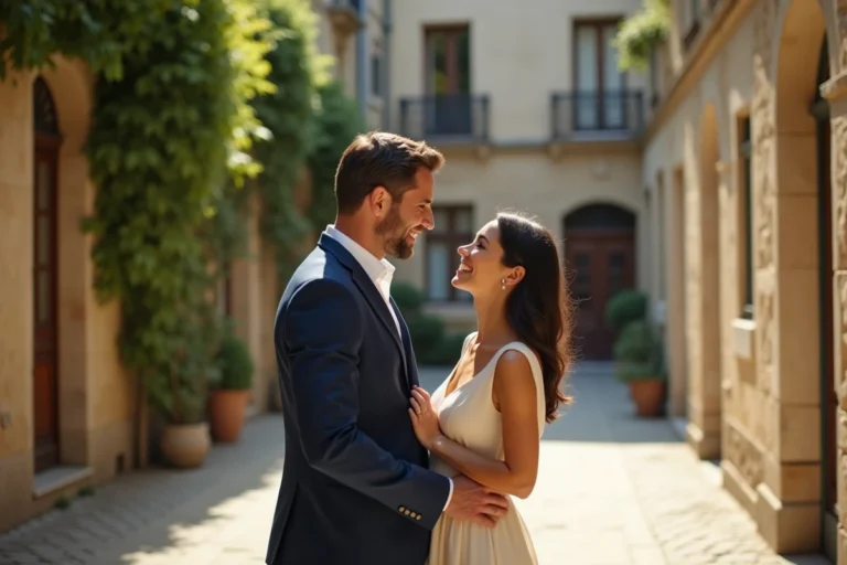 Couple élégant partageant un moment complice dans une cour parisienne en pierre, l'homme en costume marine et la femme en robe crème