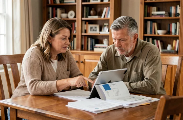 Couple consultant leur espace copropriétaire MyFoncia sur tablette pour gérer leur compte en ligne
