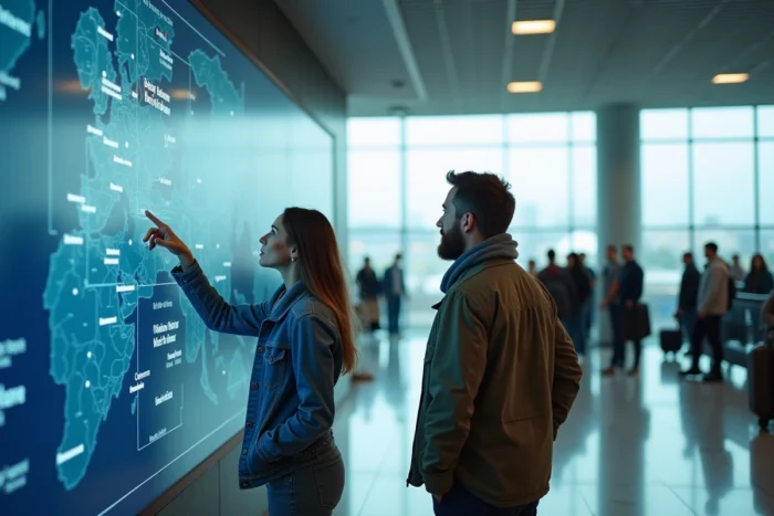 Couple consultant une carte interactive dans un aéroport pour organiser leur itinéraire de voyage