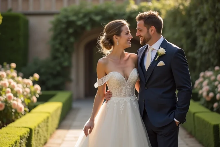 Couple de mariés souriant dans un jardin de château français, robe en dentelle ivoire et costume marine, ambiance romantique et élégante