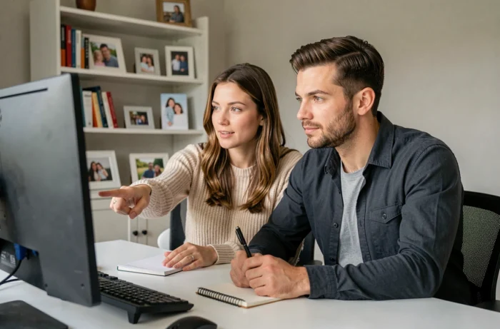 Un couple de parents examine ensemble un écran d'ordinateur dans un bureau à domicile pour comprendre la gestion des comptes sur une application familiale