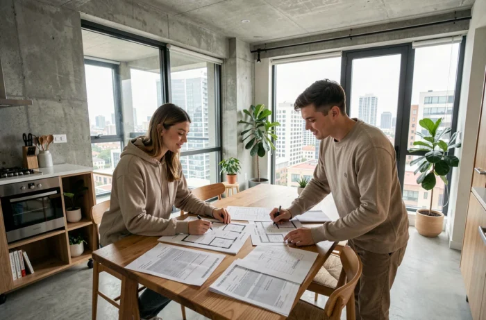 Jeune couple examinant des plans immobiliers dans un appartement contemporain avec vue sur la ville