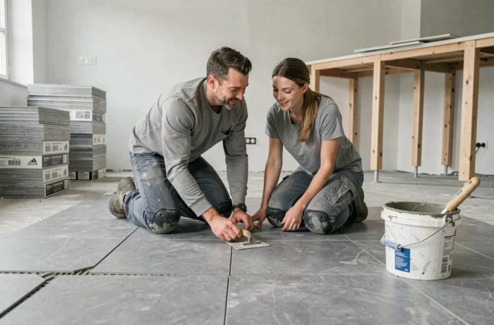 Couple posant des carreaux de céramique gris sur le sol d'une cuisine en rénovation