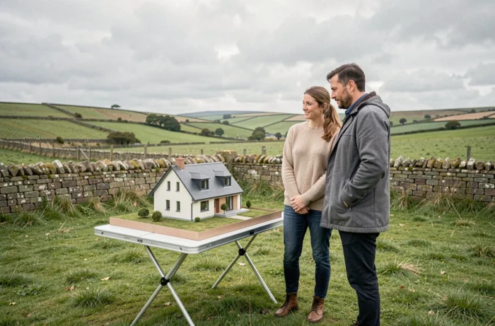 Couple évaluant un modèle de maison sur mesure sur un terrain dans le Morbihan