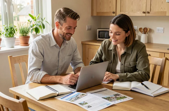 Couple recherchant ensemble un appartement à louer en consultant des annonces immobilières en ligne