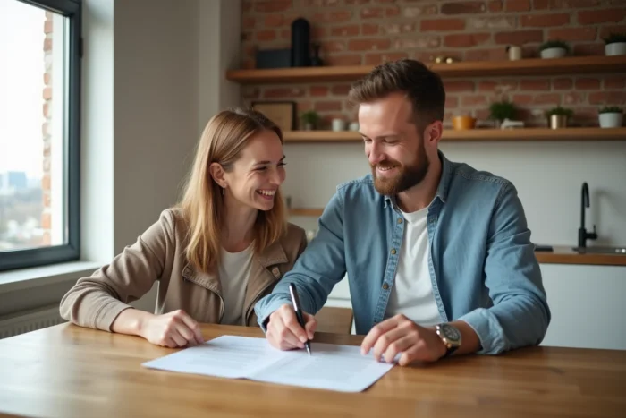 Couple signant un contrat immobilier dans un appartement rénové moderne au style contemporain