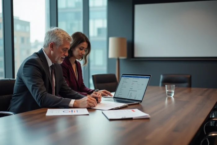 Deux courtiers AXA collaborant autour d'une table de réunion avec des documents et un logiciel de courtage Inaxa