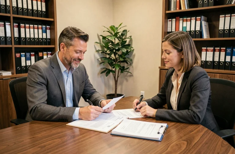 Deux professionnels en réunion signant des documents pour la création d'une SCI dans un bureau de notaire