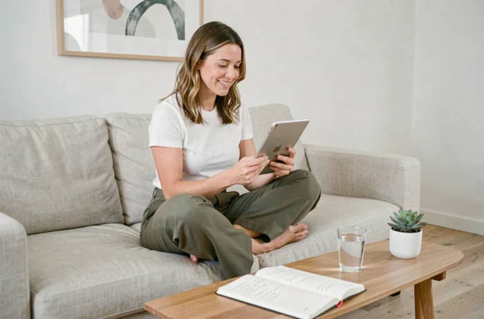 Femme créatrice de contenu notant des idées pour son blog sur une tablette, assise dans un salon minimaliste scandinave