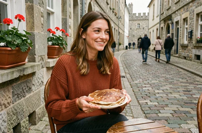 Femme dégustant une galette bretonne en terrasse dans une crêperie du centre historique de Saint-Malo