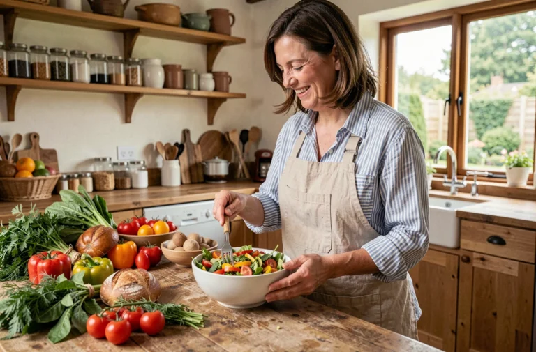 Femme préparant une salade colorée dans une cuisine familiale chaleureuse avec légumes frais et pain artisanal