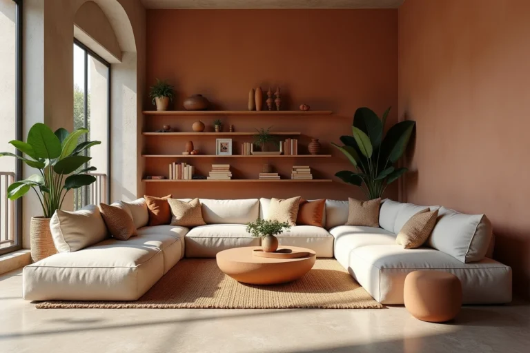 Salon moderne et original avec murs en enduit d'argile, mobilier organique, textiles naturels et étagères en bois massif dans un appartement lumineux