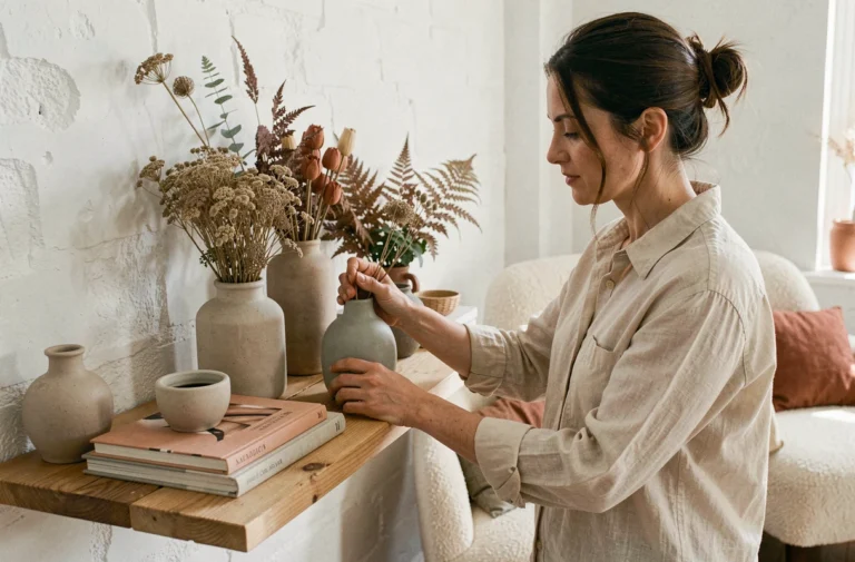 Femme arrangeant une décoration murale avec vases en céramique et botaniques séchées dans un salon au style scandinave épuré