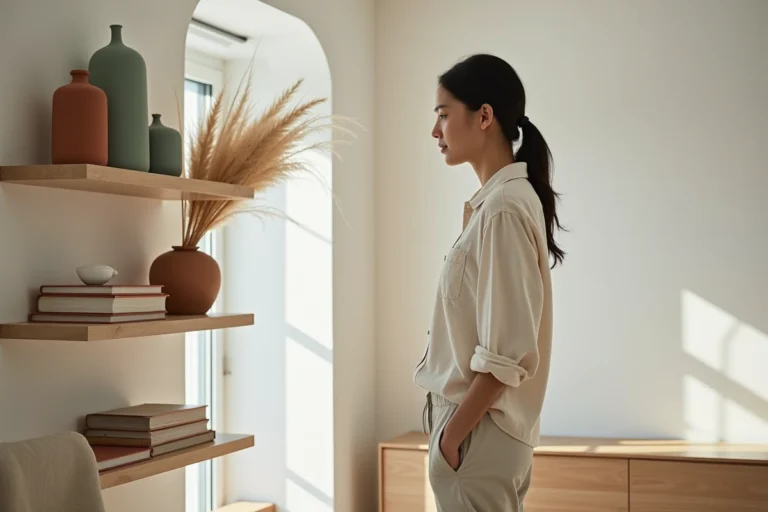 Femme arrangeant une étagère décorée avec des vases en céramique, herbe de pampa et livres d'art dans un appartement au style scandinave