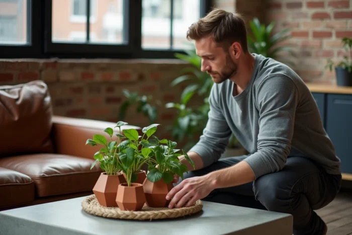 Homme arrangeant des plantes en pot sur une table basse en béton dans un loft industriel moderne avec mur en briques