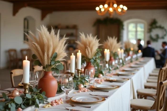 Table de réception de mariage décorée avec des vases en céramique terracotta, herbes de pampa, bougies piliers et vaisselle dorée dans une grange rustique