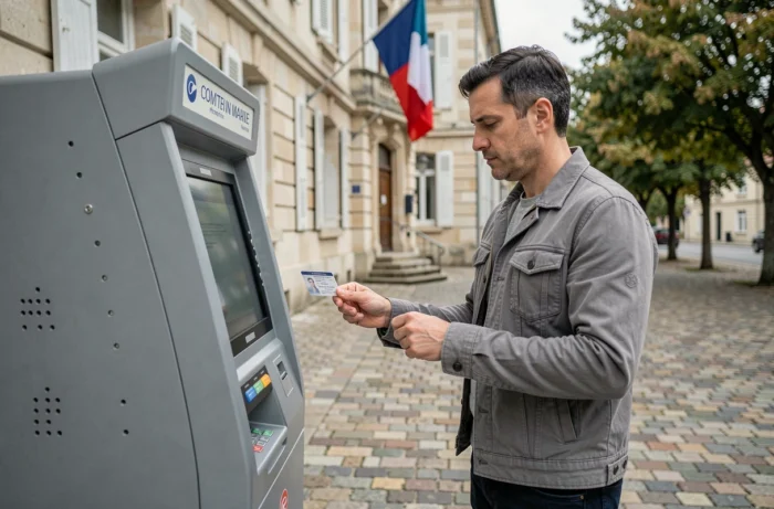 Homme consultant une borne numérique devant une mairie pour renouveler sa carte d'identité expirée