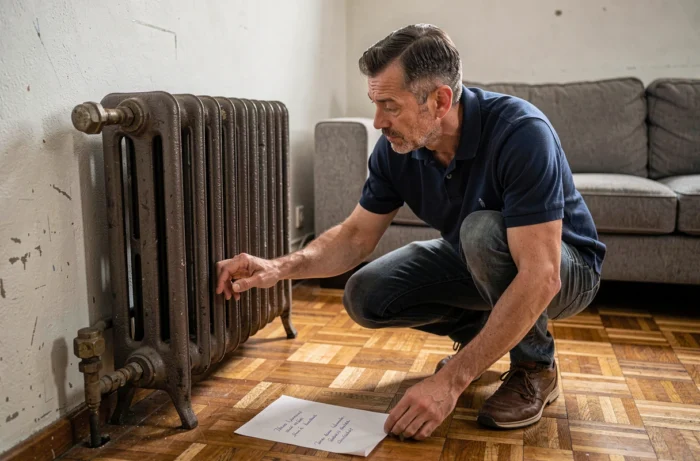 Un homme vérifie la valve d'un radiateur en fonte pour résoudre une panne de chauffage en urgence dans un appartement