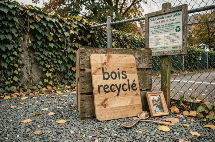 Planche à découper en bois déposée dans un bac de collecte marqué bois recyclé dans un point de collecte communautaire en extérieur à l'automne