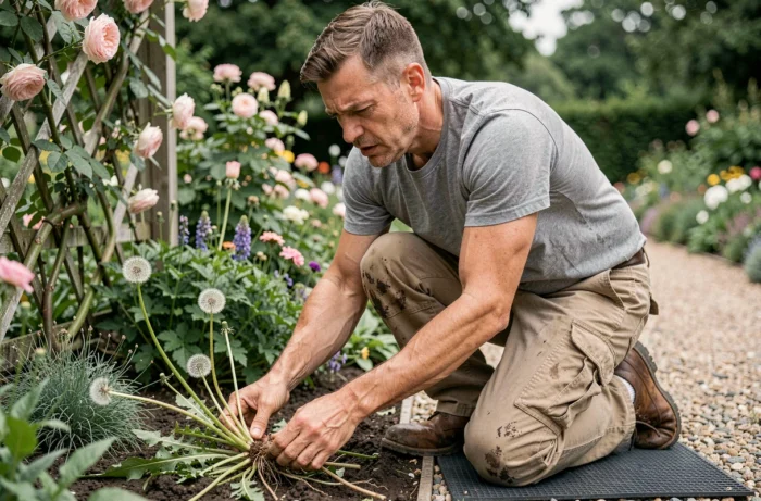 Homme arrachant des mauvaises herbes à la main dans un massif de fleurs, montrant une technique de désherbage manuel efficace