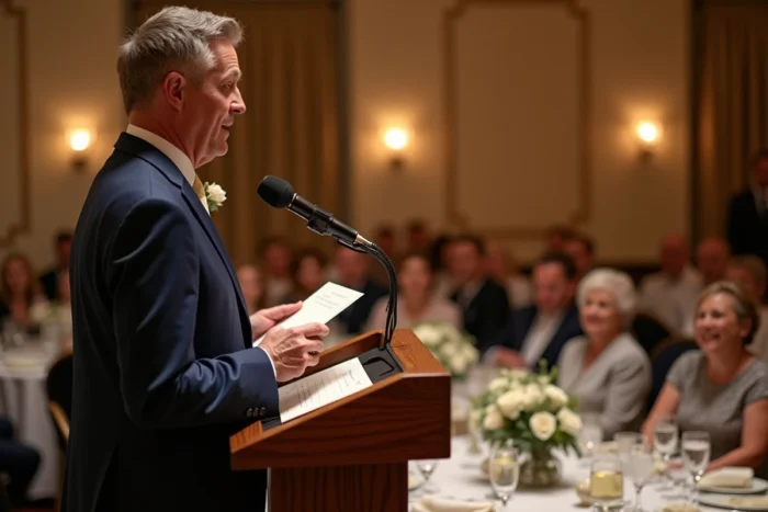 Un invité prononce un discours lors de la réception en s'adressant directement aux parents du couple