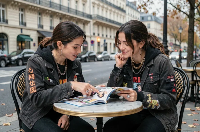 Deux femmes discutant du manga Nana d'Ai Yazawa à une terrasse de café parisien en tenue style Tokyo années 2000