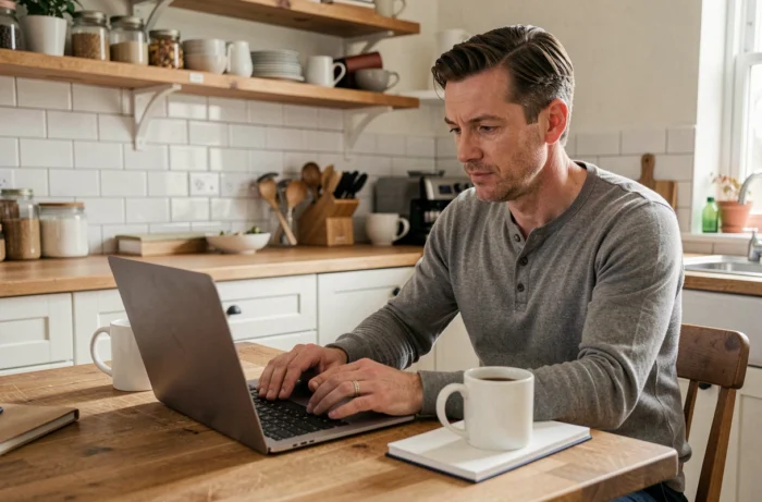 Homme utilisant son ordinateur portable pour donner ses meubles gratuitement en ligne depuis sa cuisine