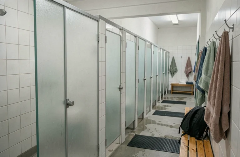 Rangée de cabines de douche individuelles dans une auberge de jeunesse avec carrelage blanc et portes en verre dépoli