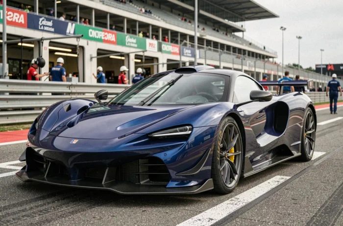 Voiture concept futuriste Dream Machine en bleu métallique sur la pit lane du Circuit de la Sarthe au Mans