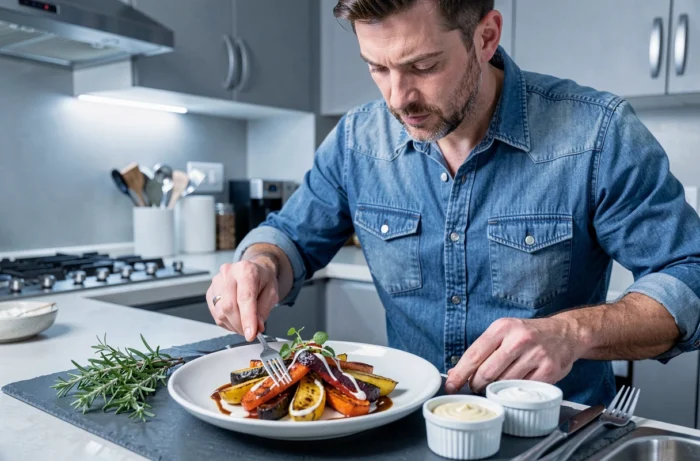 Homme passionné de cuisine dressant une assiette gastronomique dans une cuisine moderne avec légumes rôtis et herbes fraîches