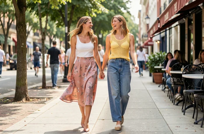 Deux femmes en tenues tendance printemps floral et crochet se promenant sur un boulevard parisien animé