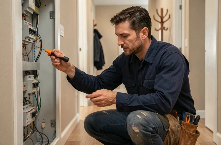 Électricien professionnel inspectant un tableau électrique dans un couloir de maison moderne lors d'une intervention d'urgence
