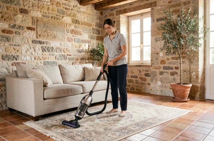 Employée de ménage passant l'aspirateur dans un salon aux murs en pierre d'une maison à Nîmes