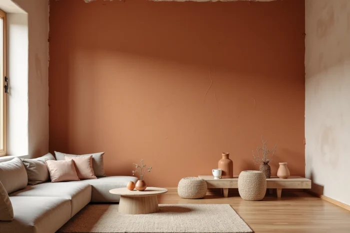 Mur intérieur recouvert d'un enduit d'argile artisanal en finition tadelakt aux tons terracotta chauds avec texture irrégulière et matière naturelle
